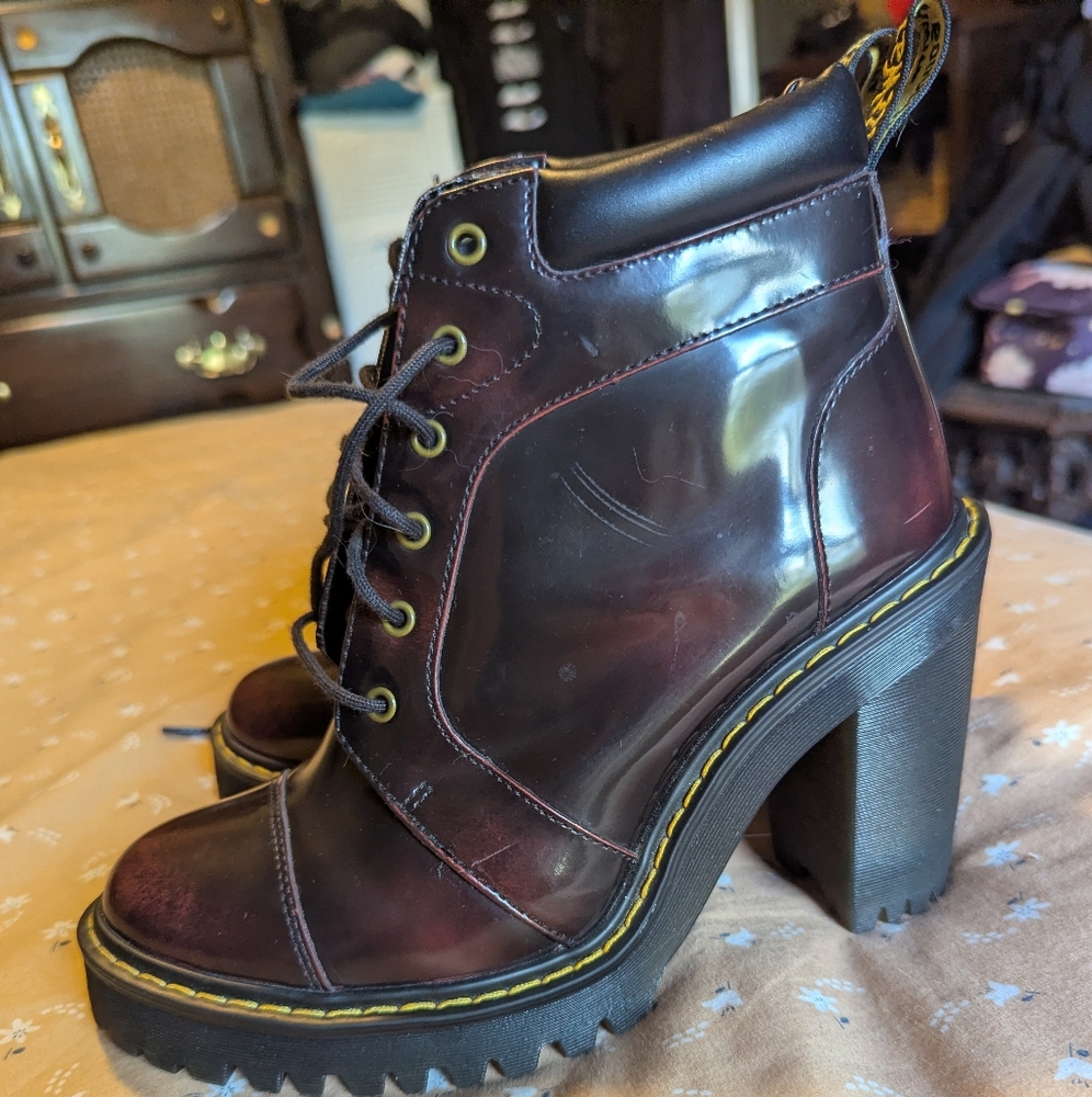 Dr. Martens Women's Burgundy Patent Leather Platform Ankle Boots - Picture 4 of 12